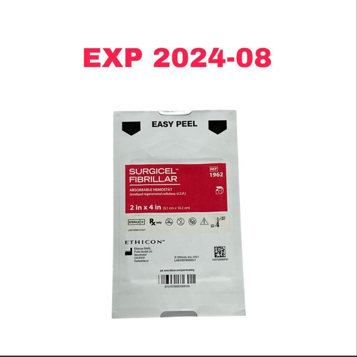 ETHICON 1962 Surgicel Fibrillar Absorbable Hemostat 2 in x 4 in (5.1 cm × 10.2 cm) EXP 2024 08