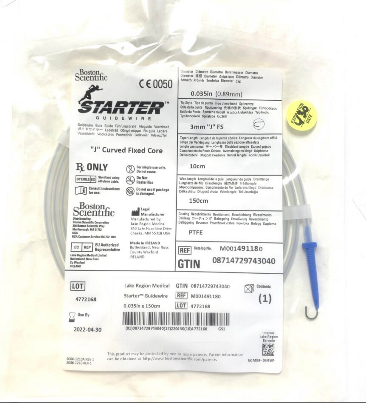 BOSTON SCIENTIFIC 49118 Starter Guidewire J curved fixed core Expiry 04 2022