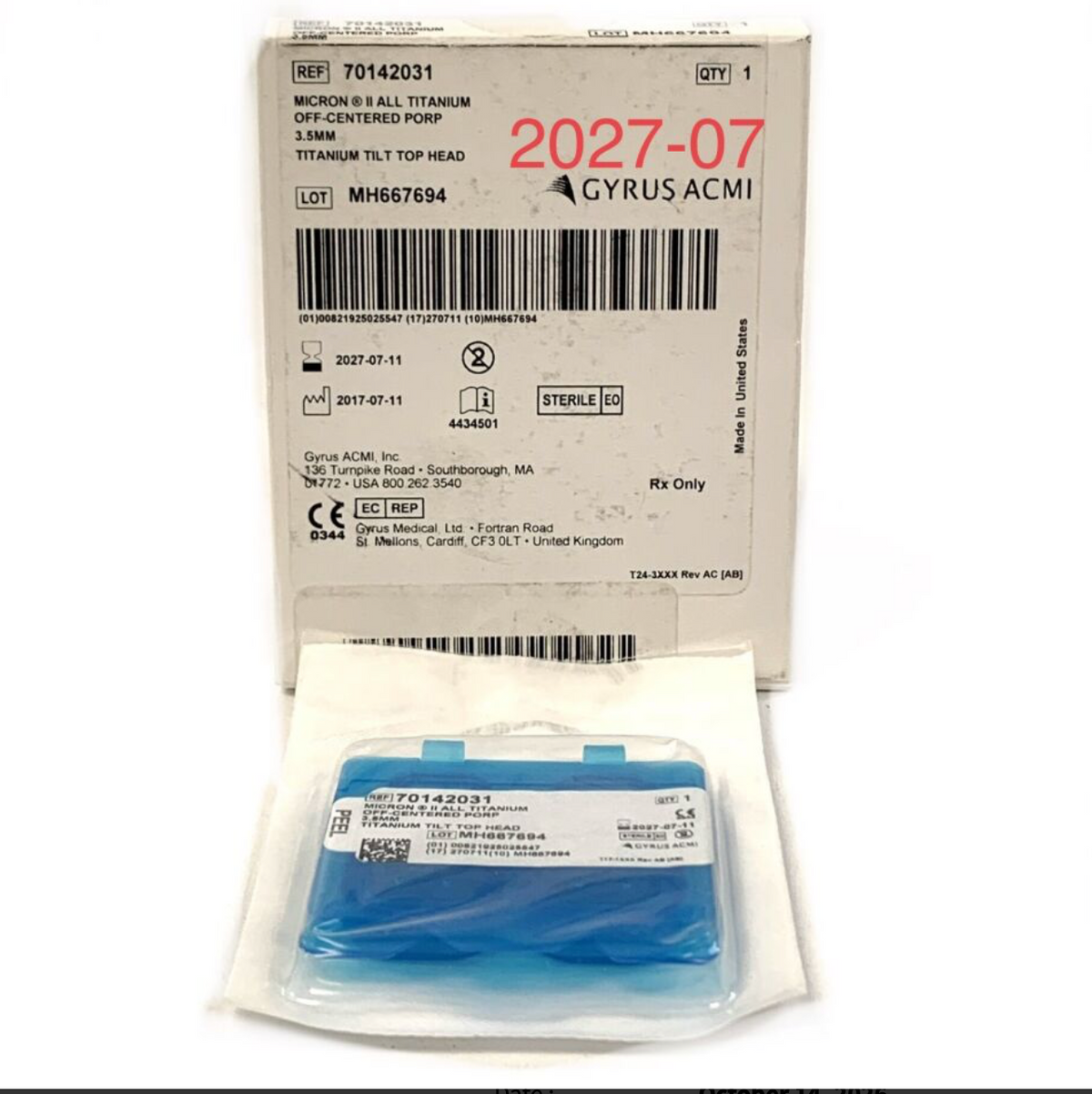 GYRUS ACMI 70142031 MICRON 3.5MM ALL TITANIUM OFF CENTERED PORP EXP 2027 07