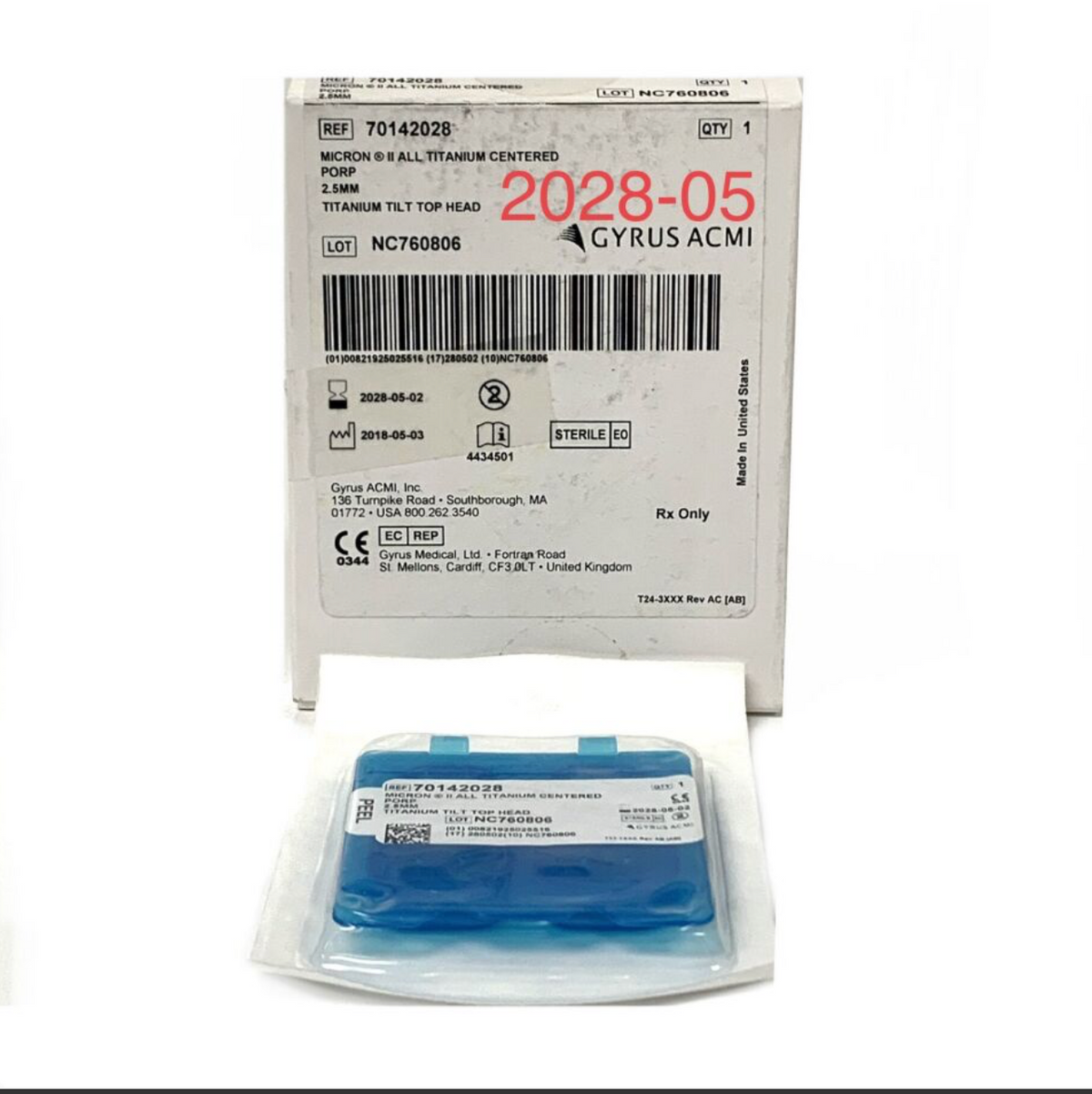GYRUS ACMI 70142028 MICRON 2.5MM ALL TITANIUM CENTERED PORP EXP 2028 05