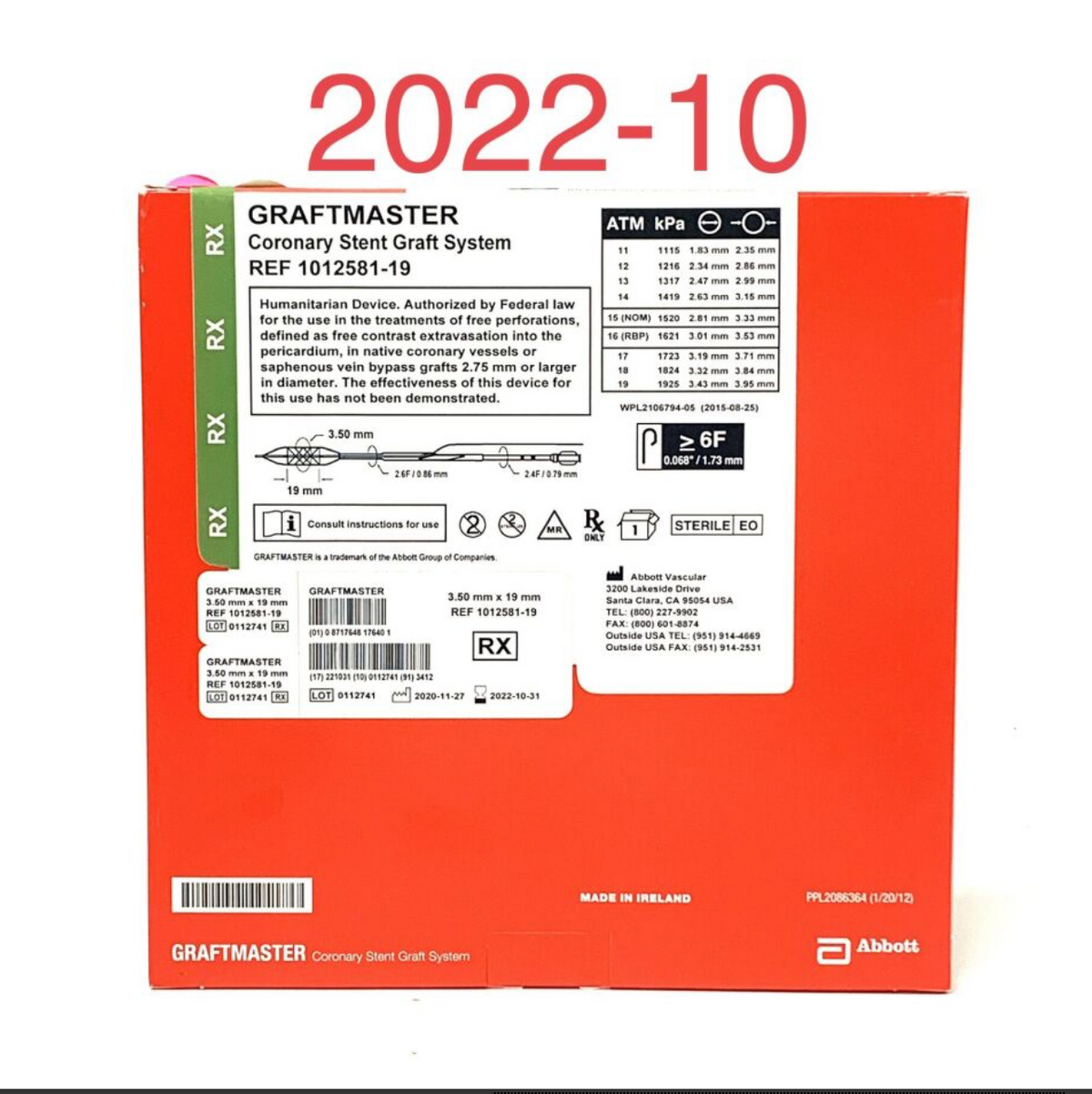 ABBOTT 1012581-19 GRAFTMASTER CORONARY STENT GRAFT SYSTEM EXP 2022 10