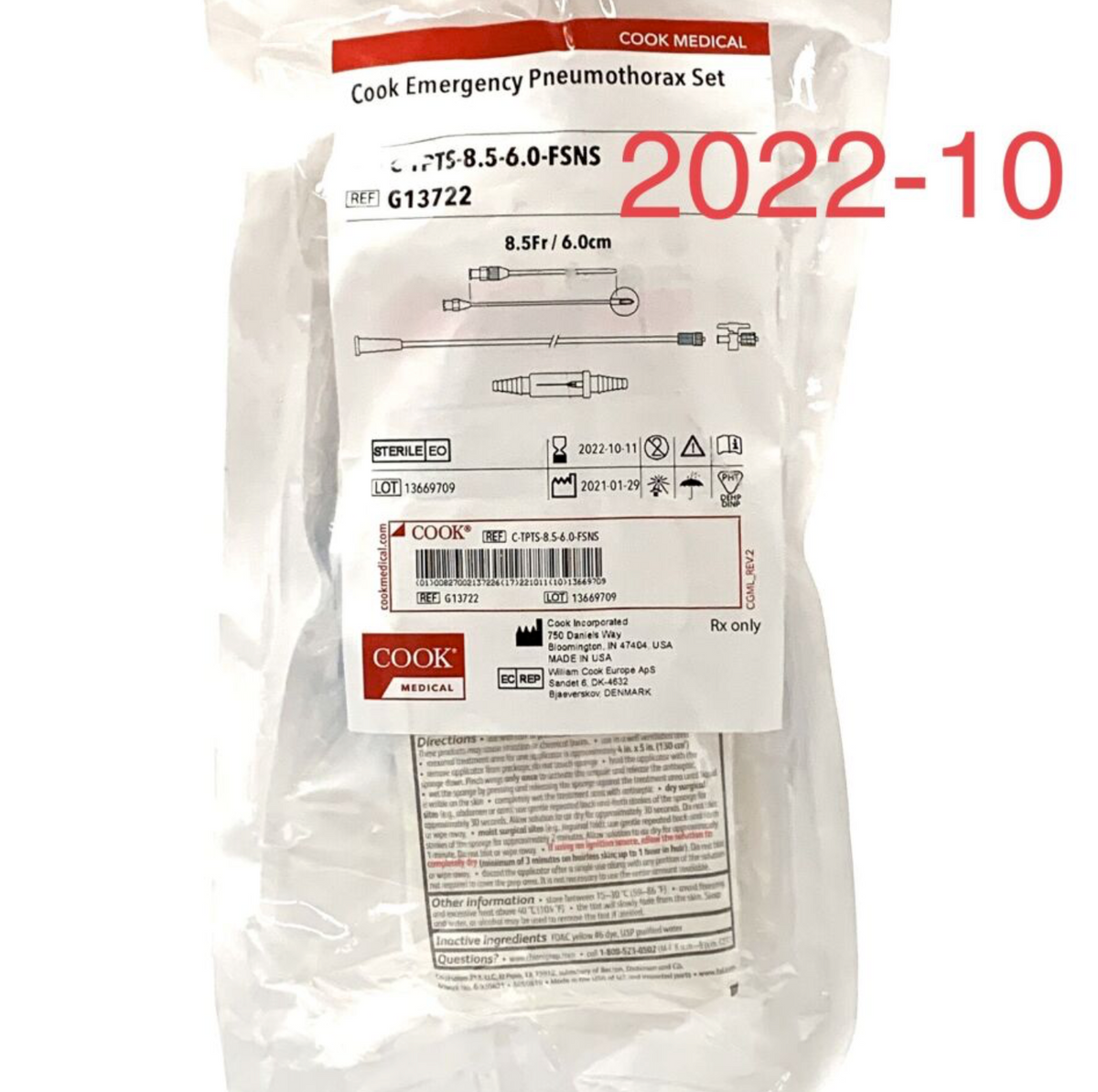 COOK MEDICAL G13722 COOK EMERGENCY PNEUMOTHORAX SET EXP 2022 10