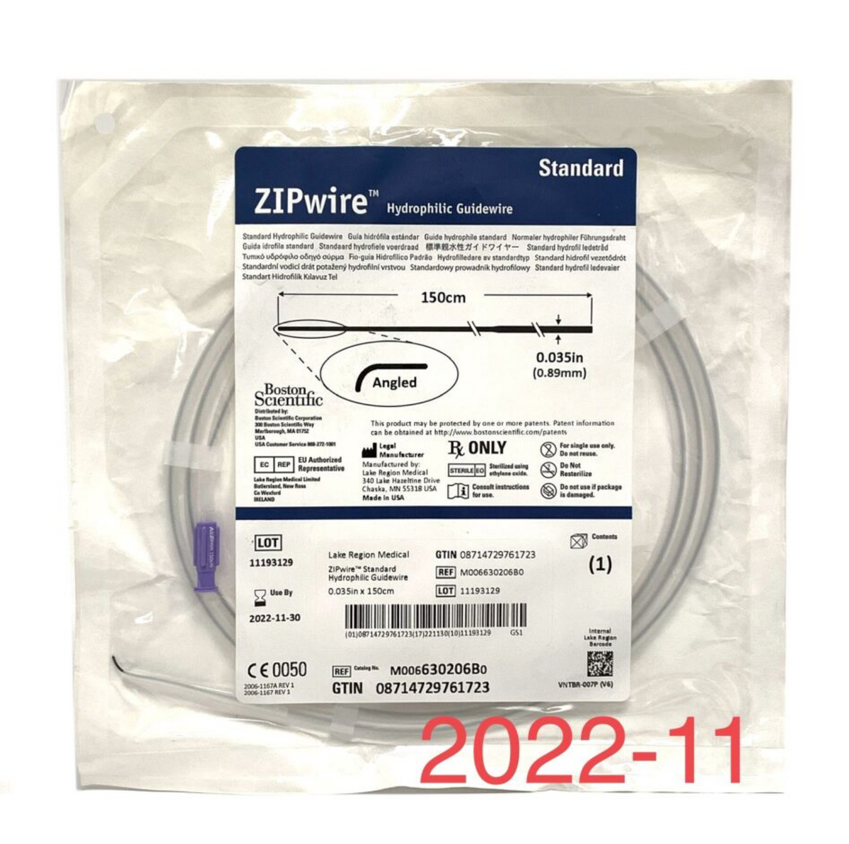 BOSTON SCIENTIFIC M006630206B0 STANDARD ZIPWIRE HYDROPHILIC GUIDEWIRE EXP 2022 11
