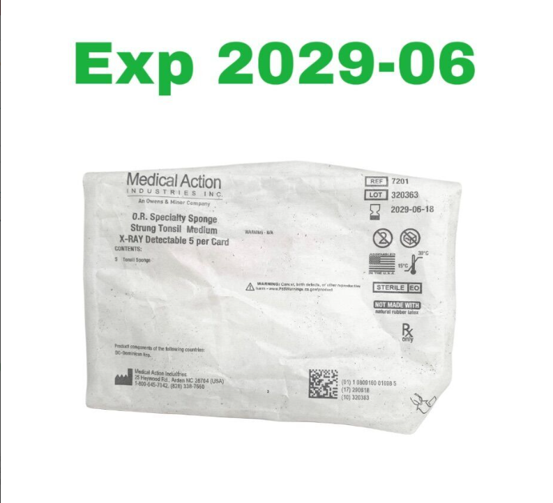 MEDICAL ACTION INDUSTRIES 7201 O.R. Specialty Sponge Strung Tonsil Medium X-RAY Detectable 5 per Card EXP 2029 06