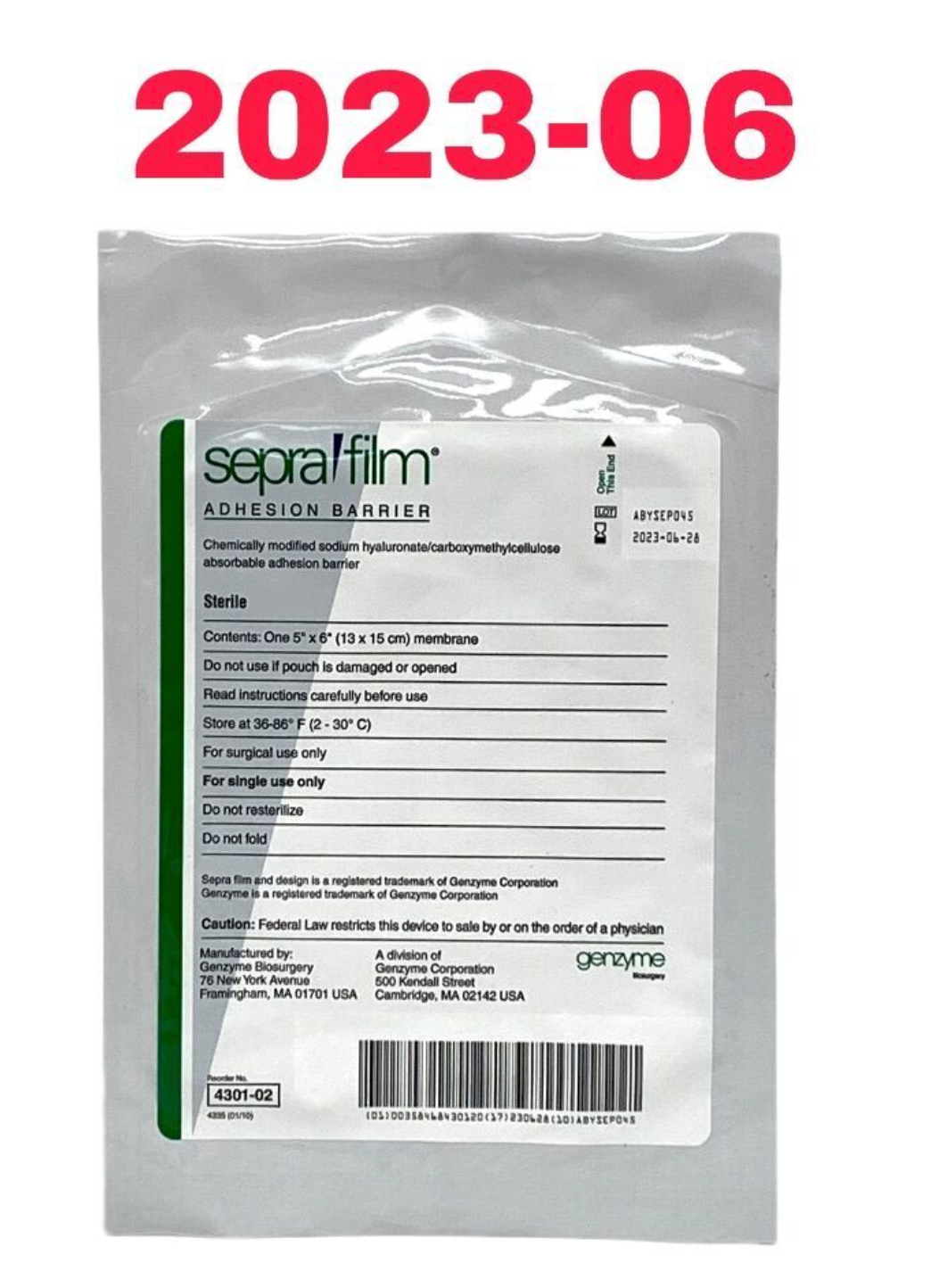 GENZYME 4301-02 sepralfilm ADHESION BARRIER MEMBRANE 13X15CM EXP 2023 06