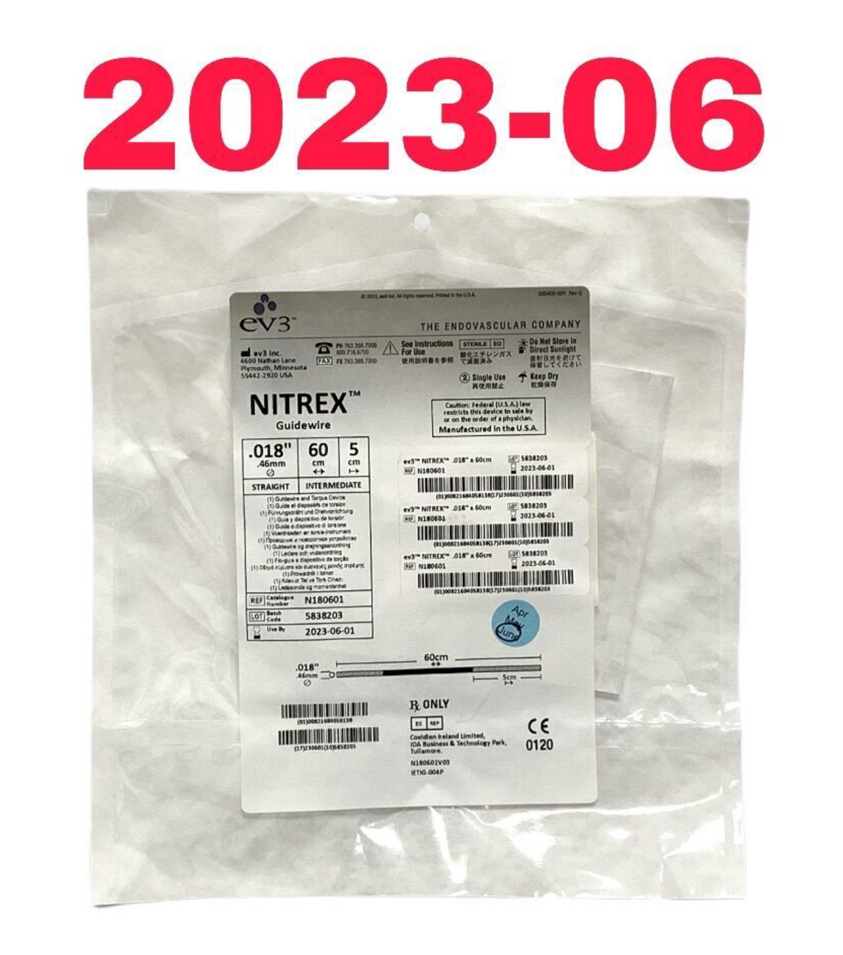 EV3 N180601 NITREX Guidewire 018" × 60cm EXP 2023 06