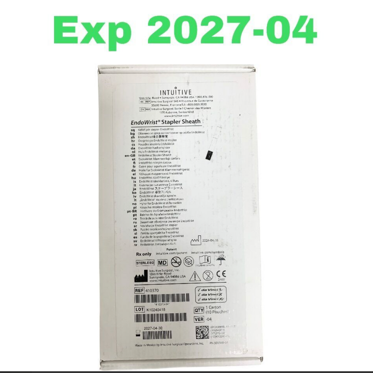 INTUITIVE SURGICAL 410370 EndoWrist Stapler Sheath BOX OF 10 EXP 2027 04