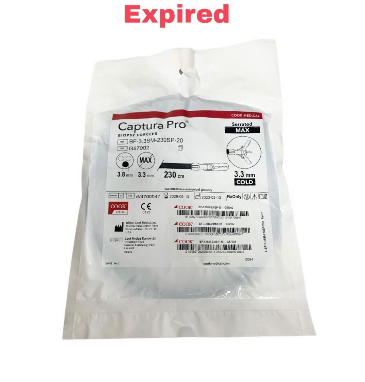 COOK MEDICAL BF-3.3SM-230SP-20 Captura Pro Serrated MAX Biopsy Forceps 3.3mm 230cm EXP 2026 02