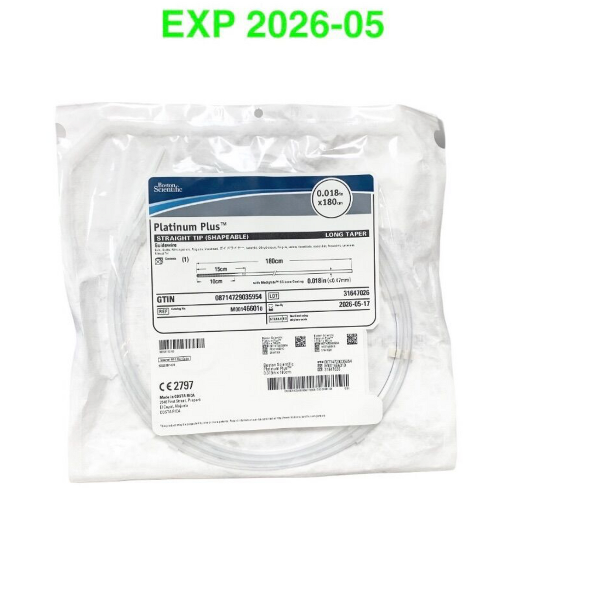 BOSTON SCIENTIFIC M001466010 Platinum Plus Guidewire 0.018in 180cm Straight Tip EXP 2026 05