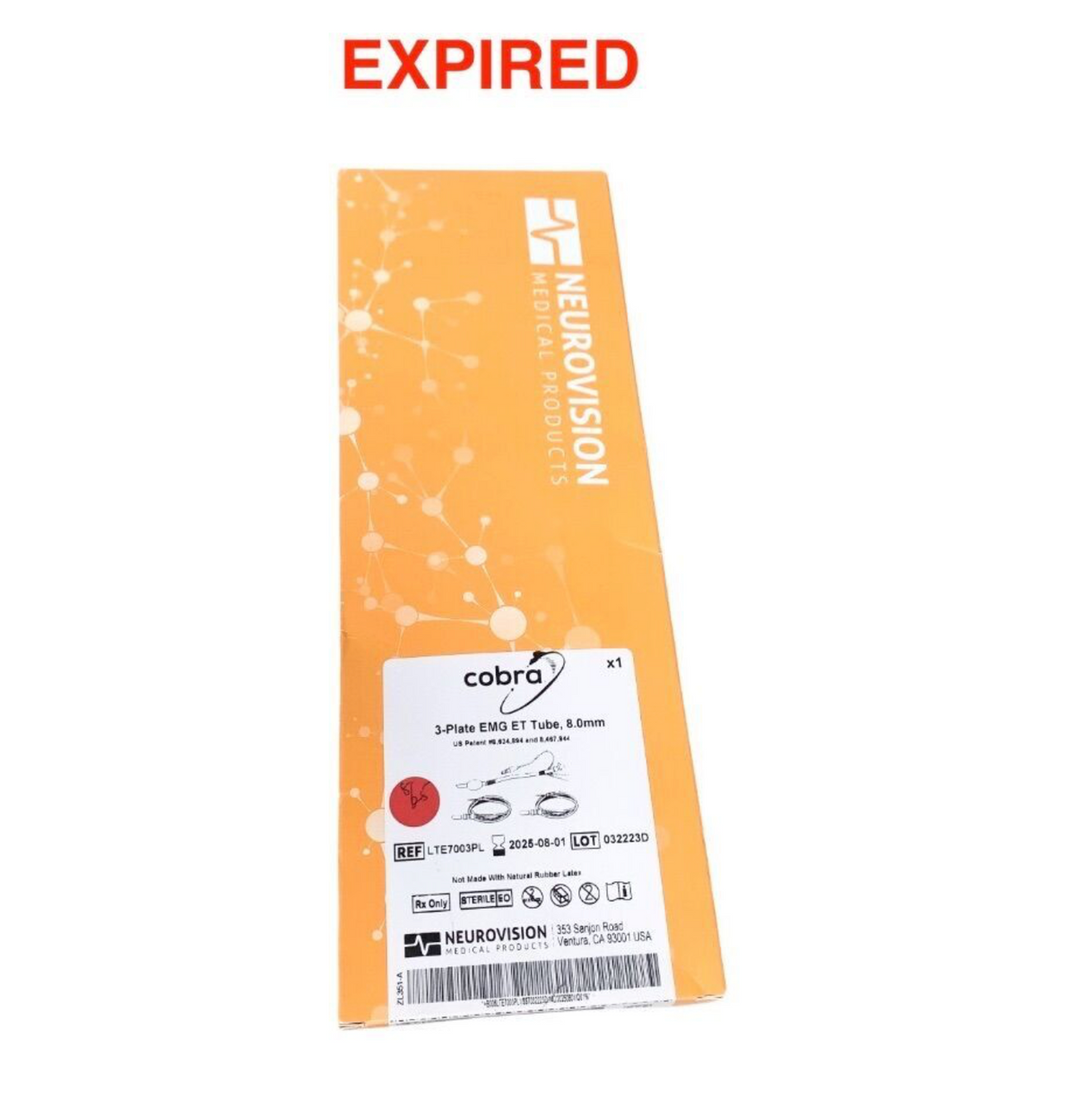 NEUROVISION LTE7003PL 3 Plate EMG Endotracheal Tube 8.0mm Cobra Surgical Nerve Monitoring EXP 2025 08