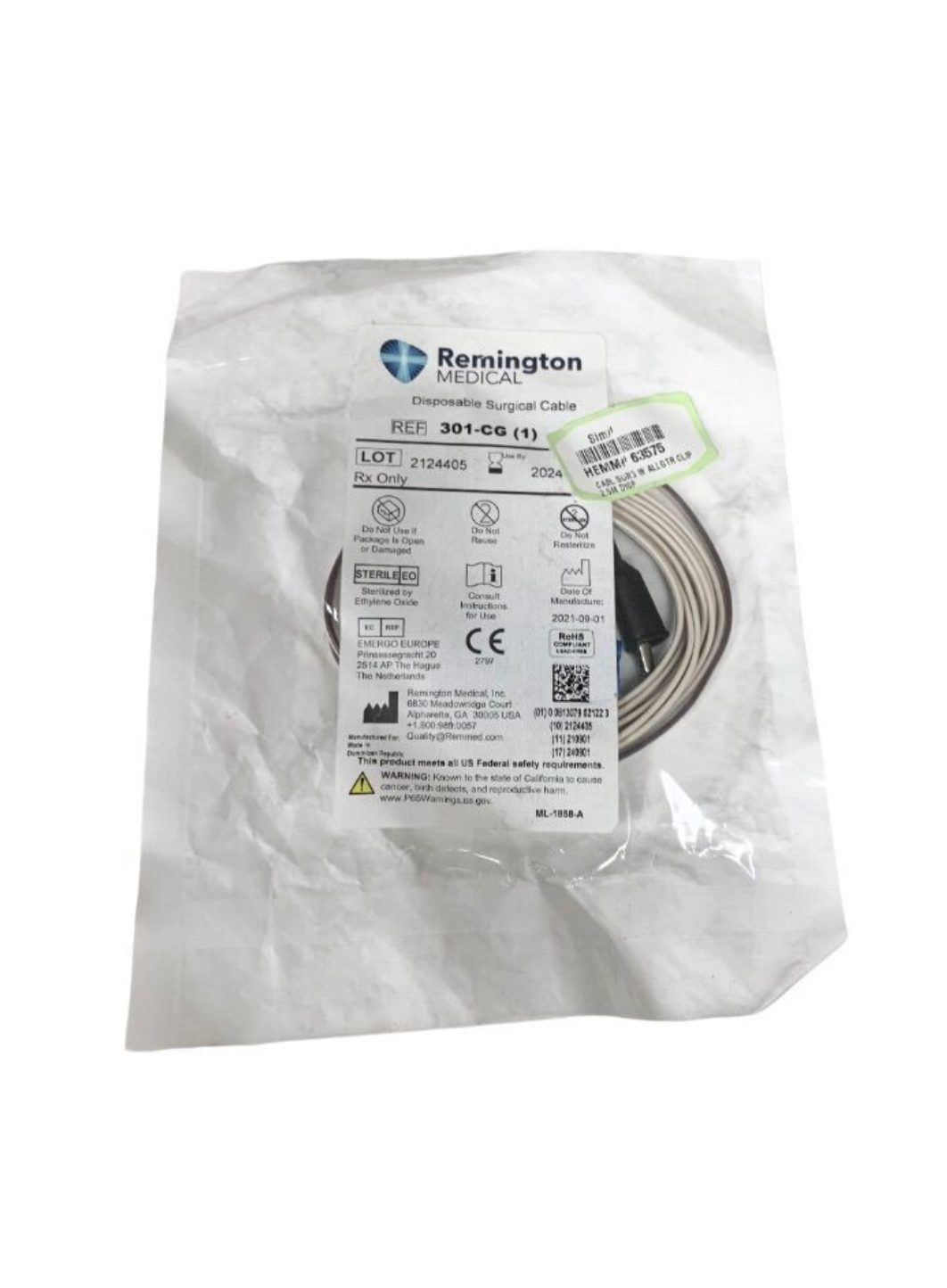 REMINGTON MEDICAL 301-CG Disposable Surgical Cable with Alligator Clip 2.5M EXP 2024 09