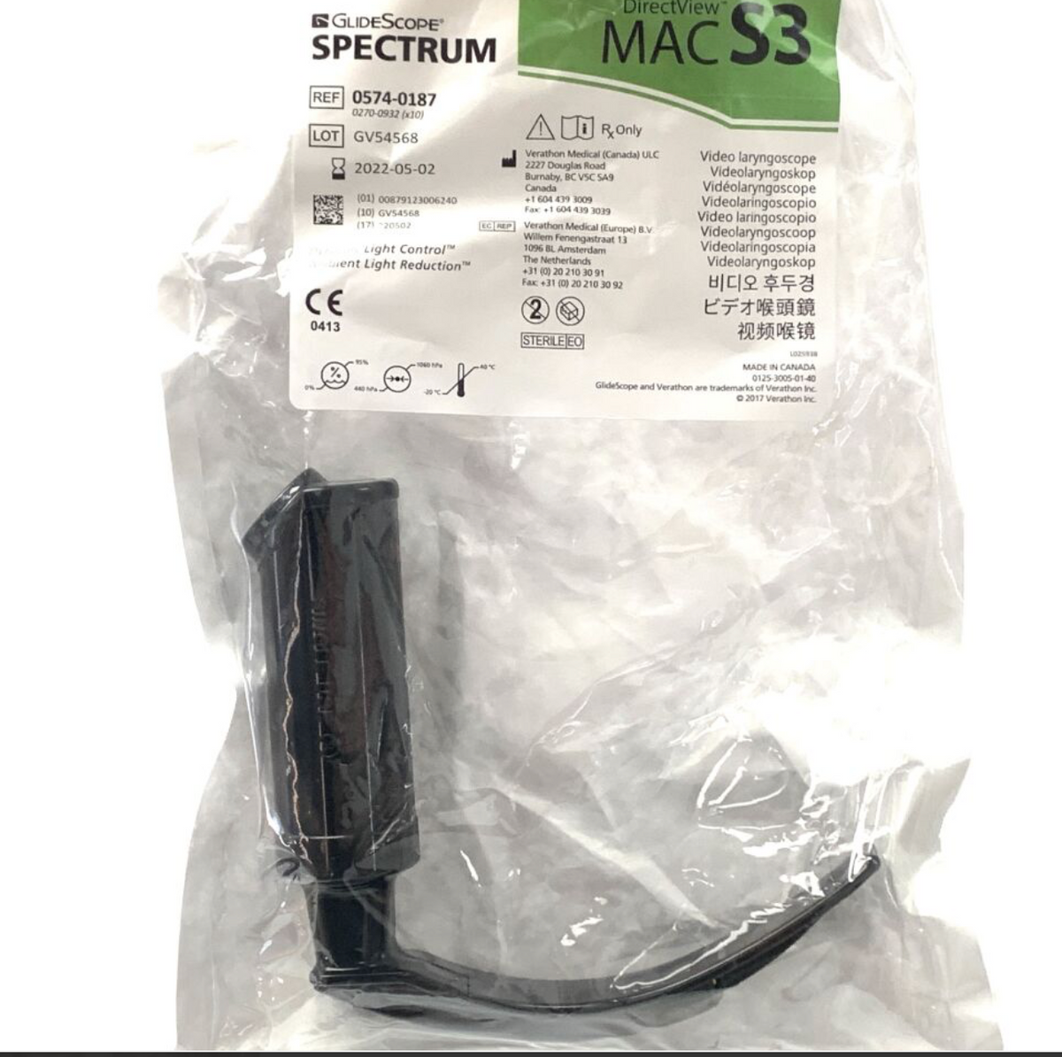 VERATHON MEDICAL 0574-0187 SPECTRUM GLIDESCOPE DIRECTVIEW MAC S3 VIDEO LARYNGOSCOPE EXP 2022 05