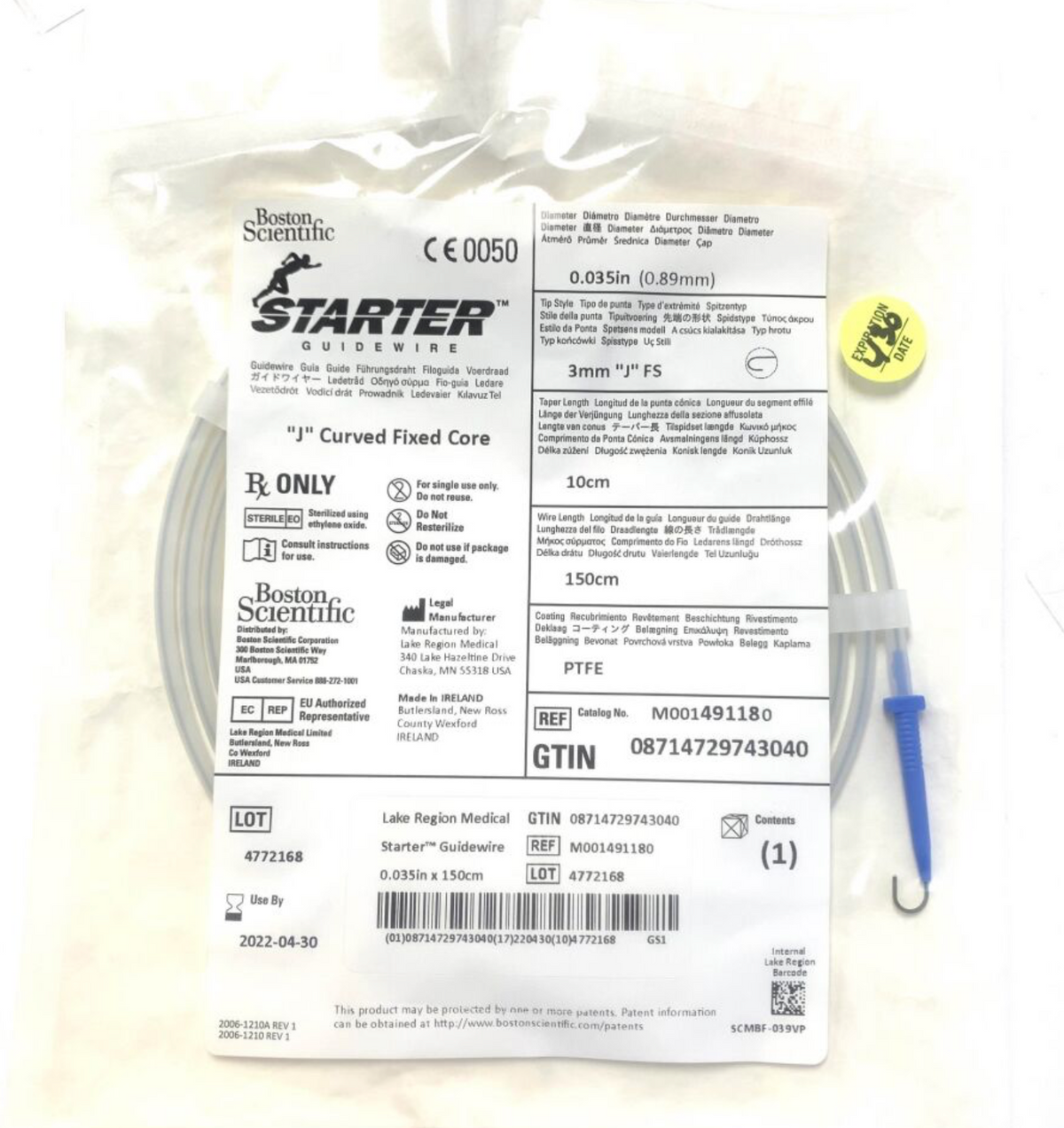 BOSTON SCIENTIFIC 49118 Starter Guidewire J curved fixed core Expiry 2022 04