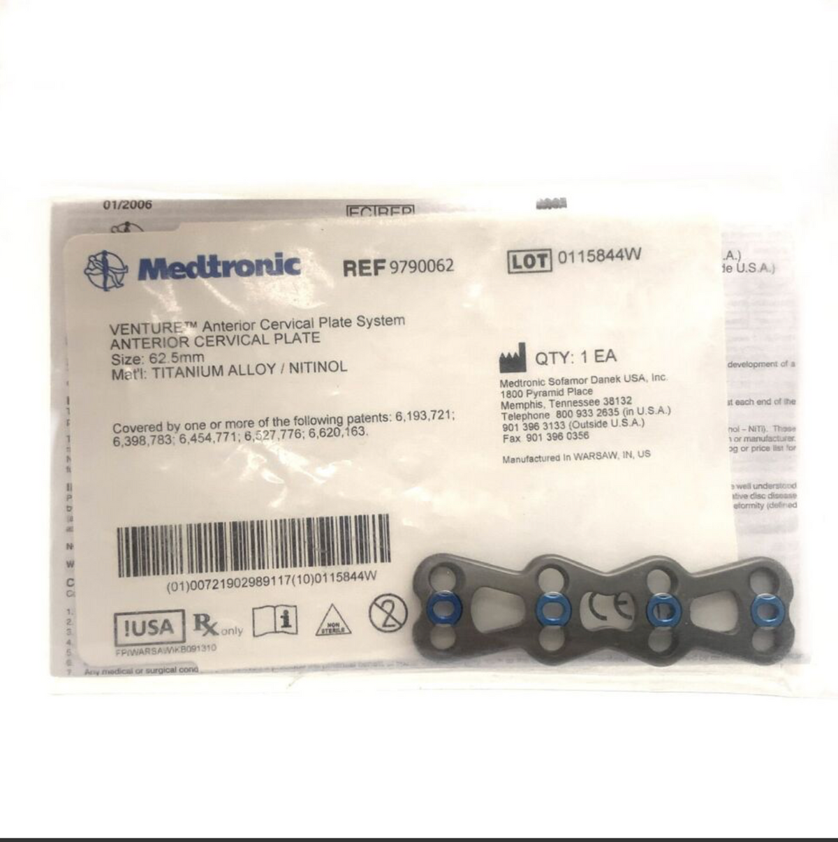 MEDTRONIC 9790062 VENTURE ANTERIOR CERVICAL PLATE 62.5MM SINGLE USE