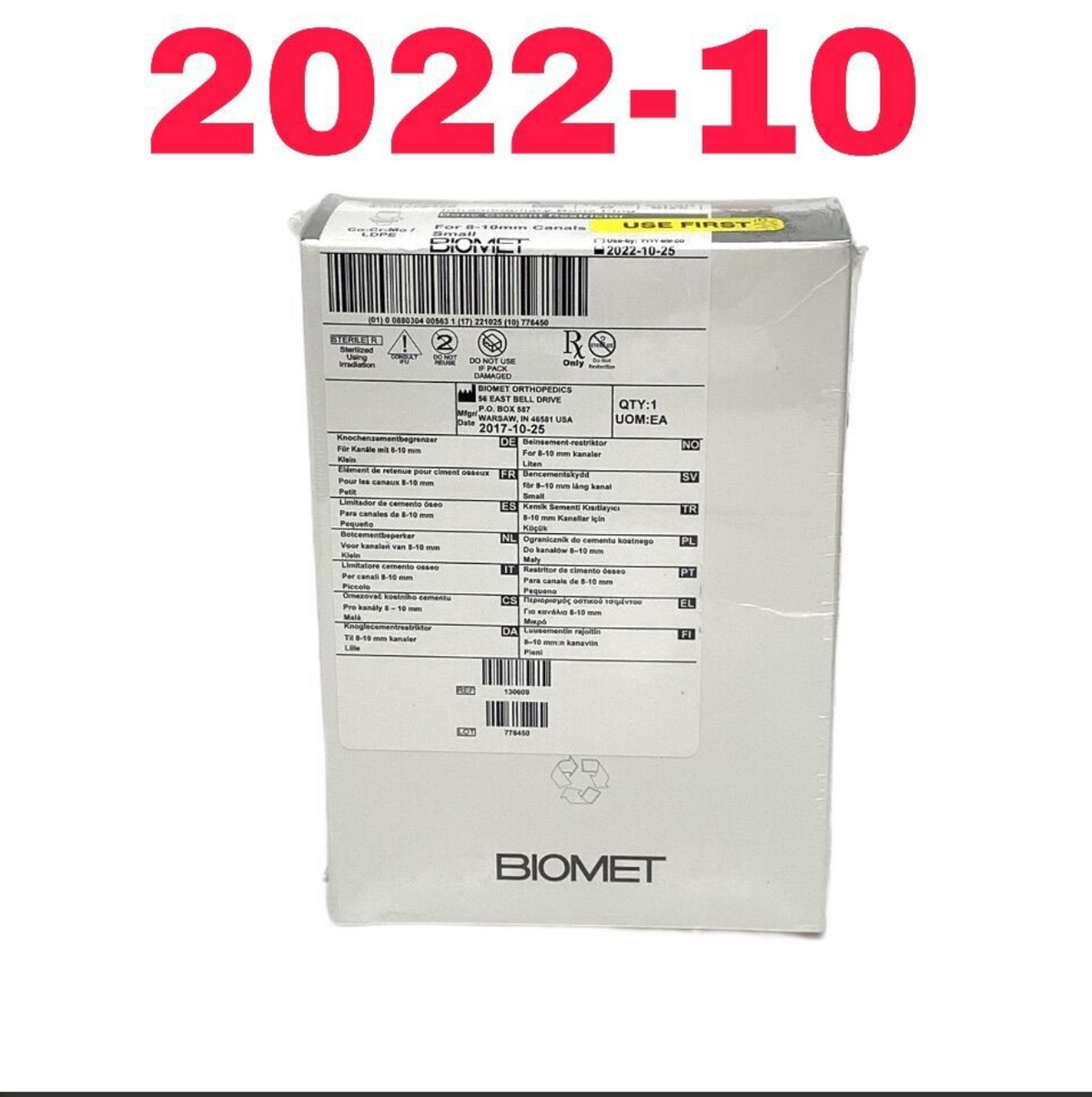 BIOMET 130609 BONE CEMENT RESTRICTOR EXP 2022 10