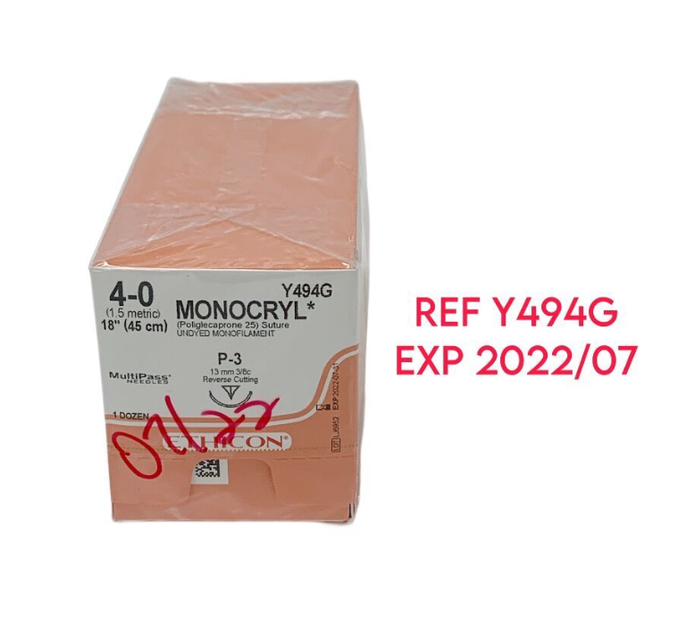 ETHICON Y494G MONOCRYL (Poliglecaprone 25) Suture UNDYED MONOFILAMENT EXP 2022 07
