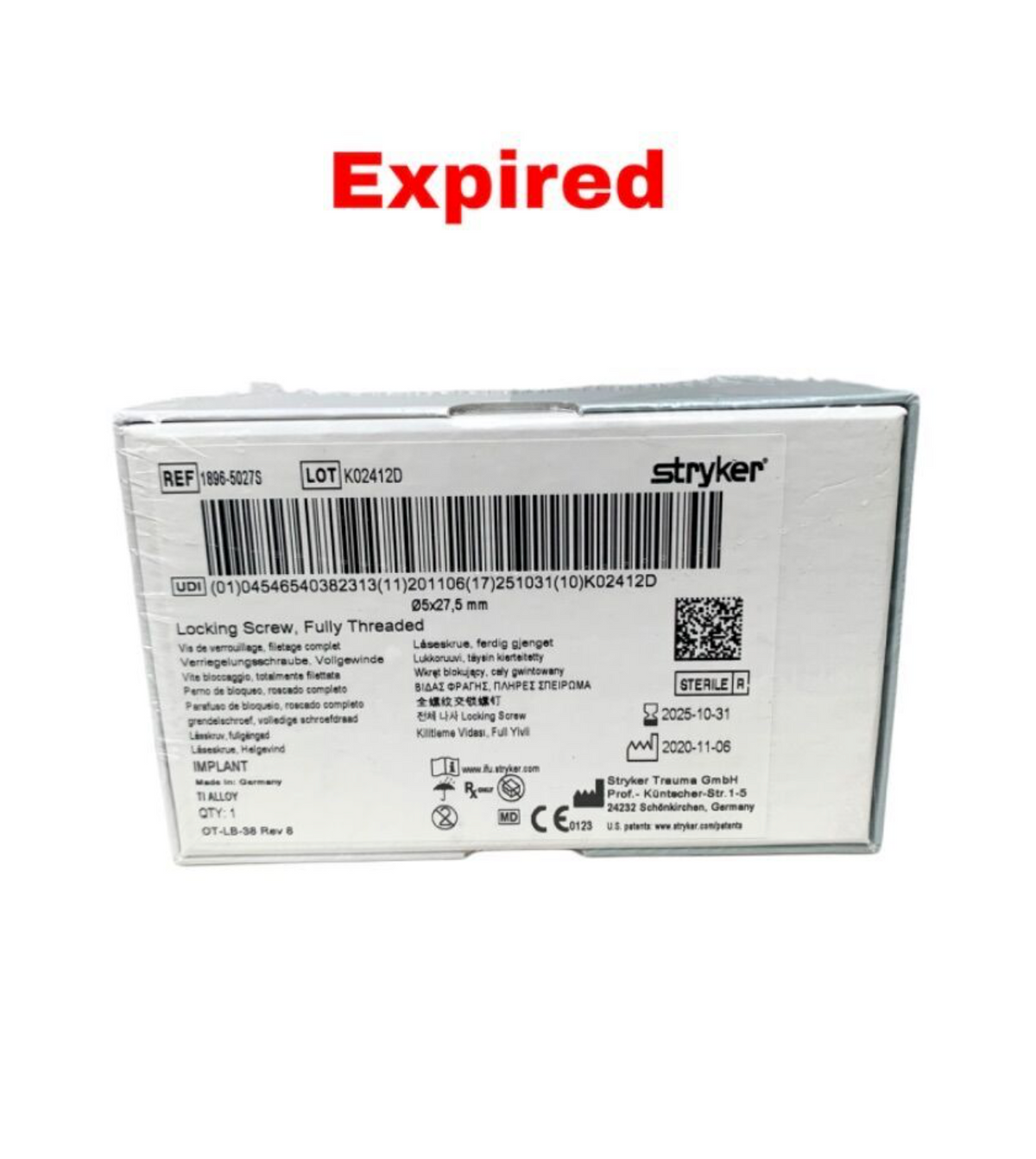 STRYKER 1896-5027S Locking Screw Fully Threaded 5 x 27.5 mm EXP 2025 10