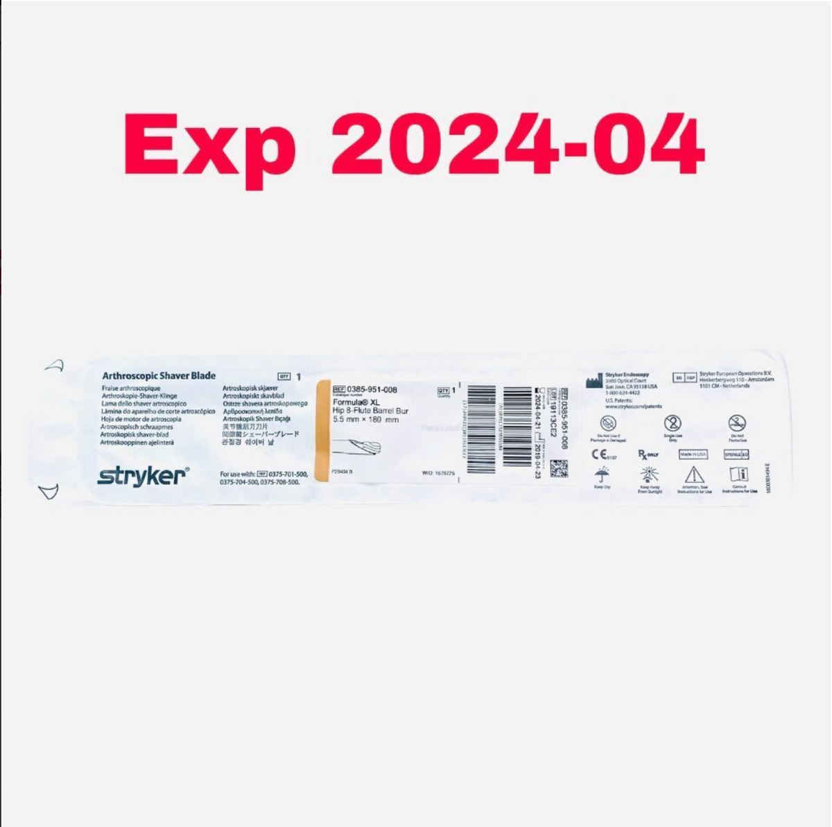 STRYKER 0385-951-008 Formula XL Hip 8-Flute Barrel Bur 5.5 mm x 180 mm EXPIRED