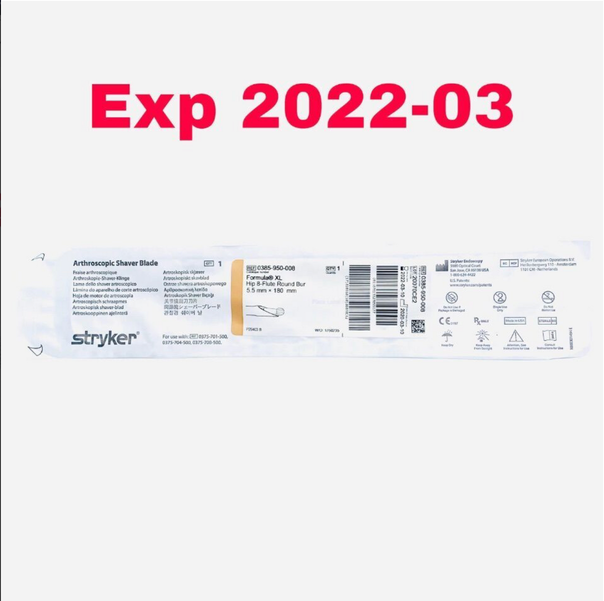 STRYKER 0385-950-008 Formula XL Hip 8-Flute Round Bur 5.5 mm x 180 mm EXPIRED