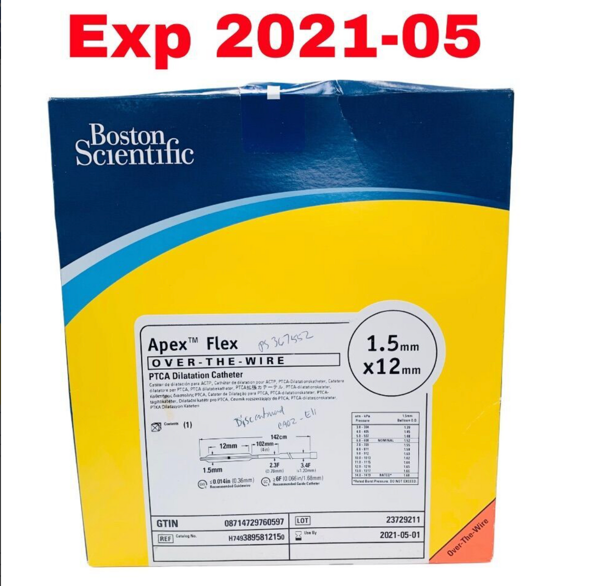 BOSTON SCIENTIFIC H7493895812150 Apex Flex OVER THE WIRE PTCA Dilatation Catheter EXPIRED