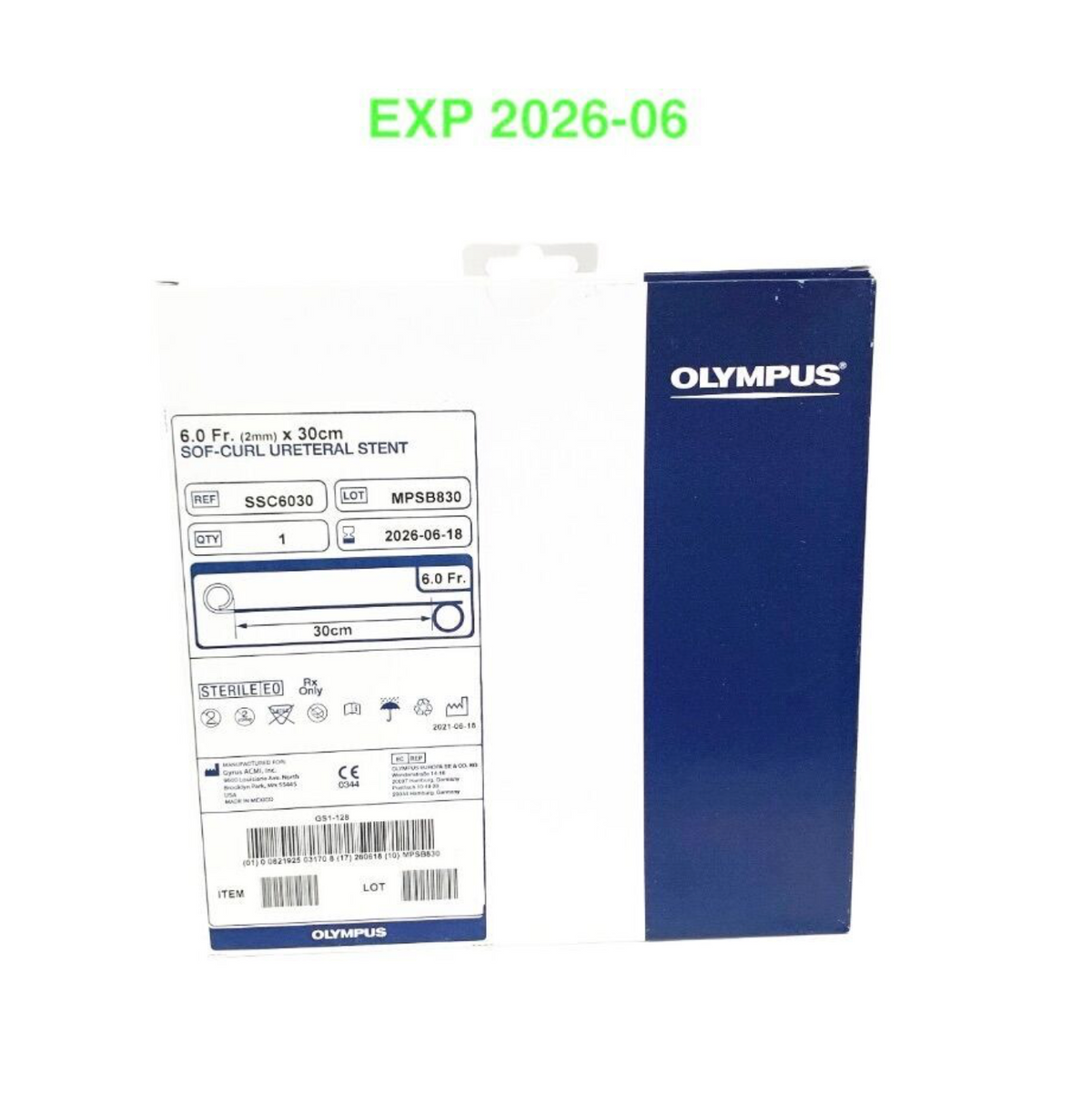OLYMPUS SSC6030 Sof-Curl Ureteral Stent 6.0 Fr (2mm) x 30cm Sterile EO EXP 2026 06
