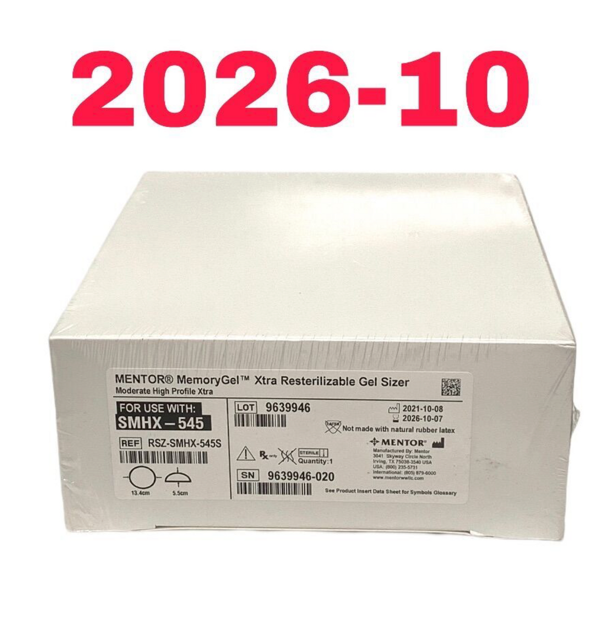 MENTOR RSZ-SMHX-545S MemoryGel Xtra Resterilizable Gel Sizer Moderate High Profile Xtra EXP 2026 10