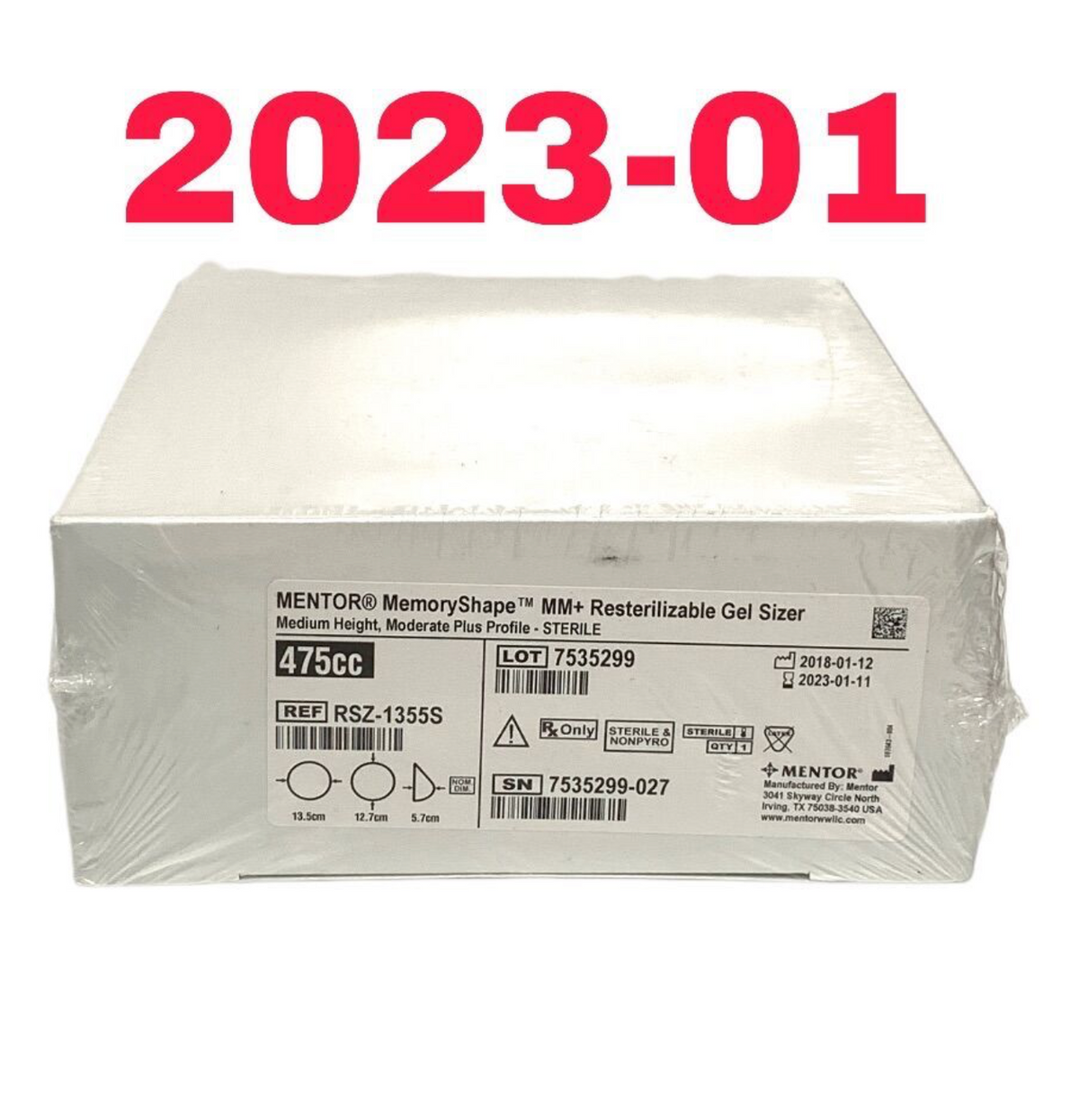 MENTOR RSZ-1355S MemoryShape MM+ Resterilizable Gel Sizer Medium Height Moderate Plus Profile EXP 2023 01