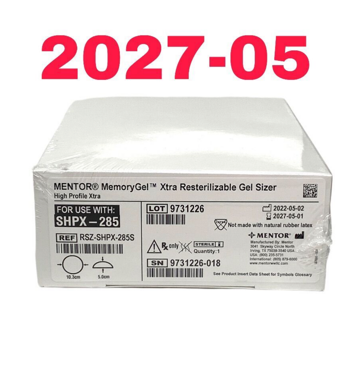 MENTOR RSZ-SHPX-285S MemoryGel Xtra Resterilizable Gel Sizer High Profile Xtra EXP 2027 05