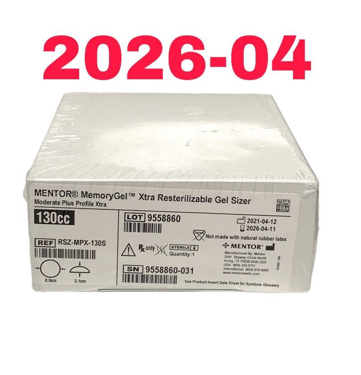 MENTOR RSZ-MPX-130S MemoryGel Xtra Resterilizable Gel Sizer Moderate Plus Profile Xtra EXP 2026 04