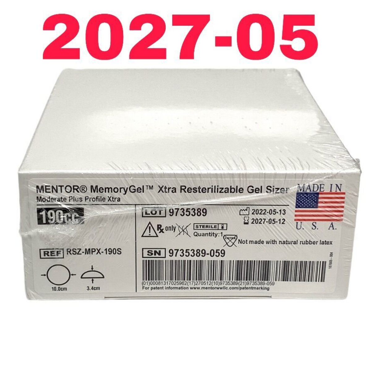 MENTOR RSZ-MPX-190S MemoryGel Xtra Resterilizable Gel Sizer Moderate Plus Profile Xtra EXP 2027 05