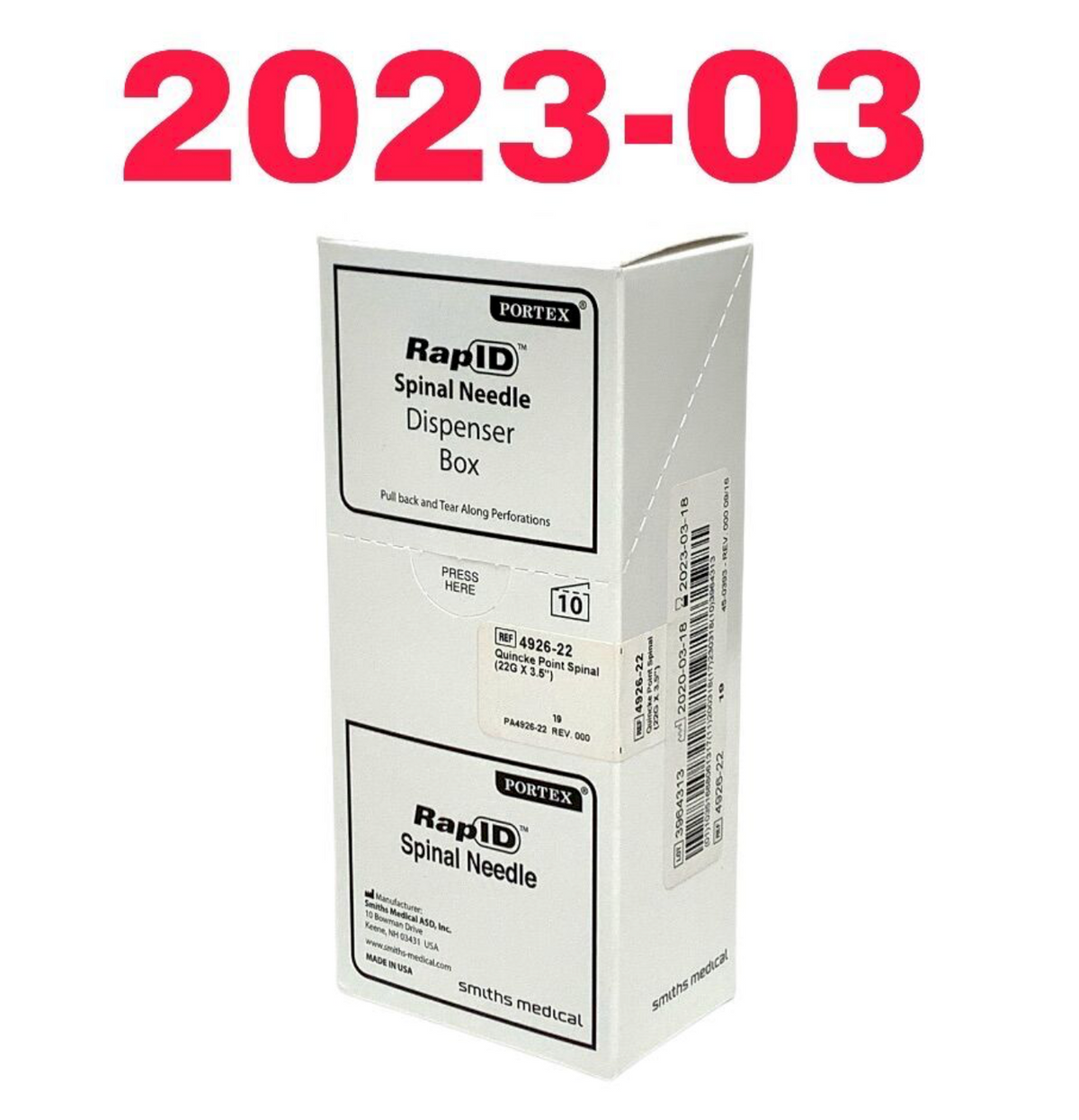PORTEX 4926-22 Quince Point Spinal (22G X 3.5") Rapid Spinal Needle Dispenser Box EXP 2023 03