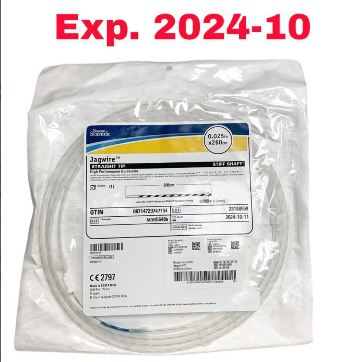 BOSTON SCIENTIFIC M00556480 Jagwire High Performance Guidewire Straight Tip Stiff Shaft 0.025in x 260cm Exp 2024 10