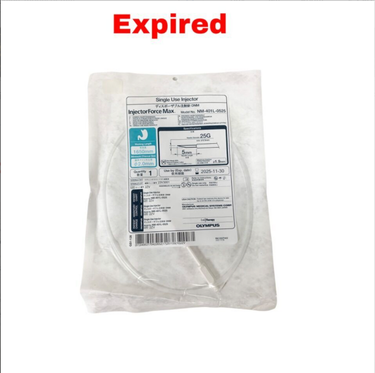 OLYMPUS NM-401L-0525 InjectorForce Max Injector 25G x 5mm Gastroscopic 1650mm Exp 2025 11