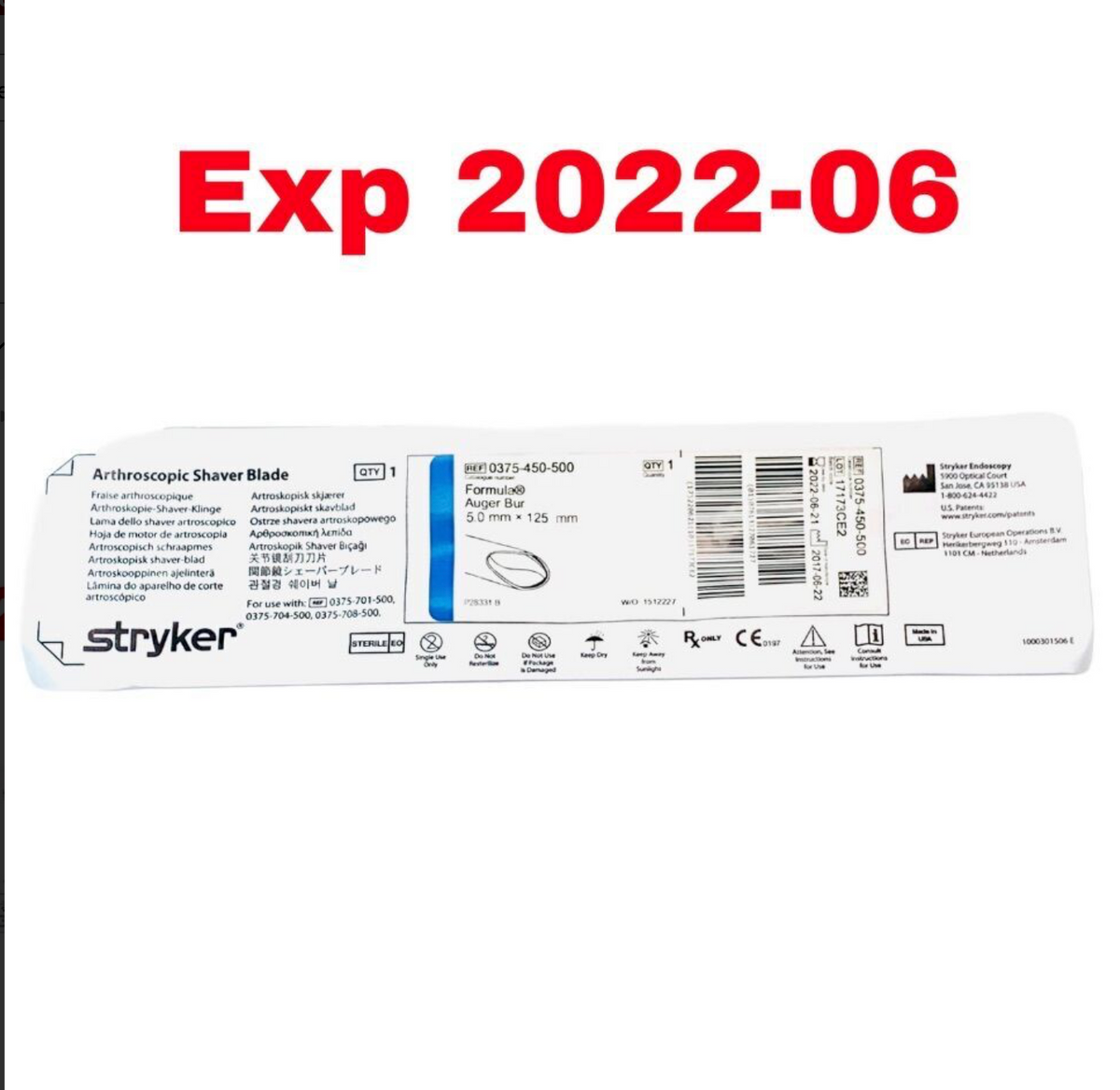 STRYKER 0375-450-500 Formula Auger Bur 5.0 mm x 125 mm EXPIRED
