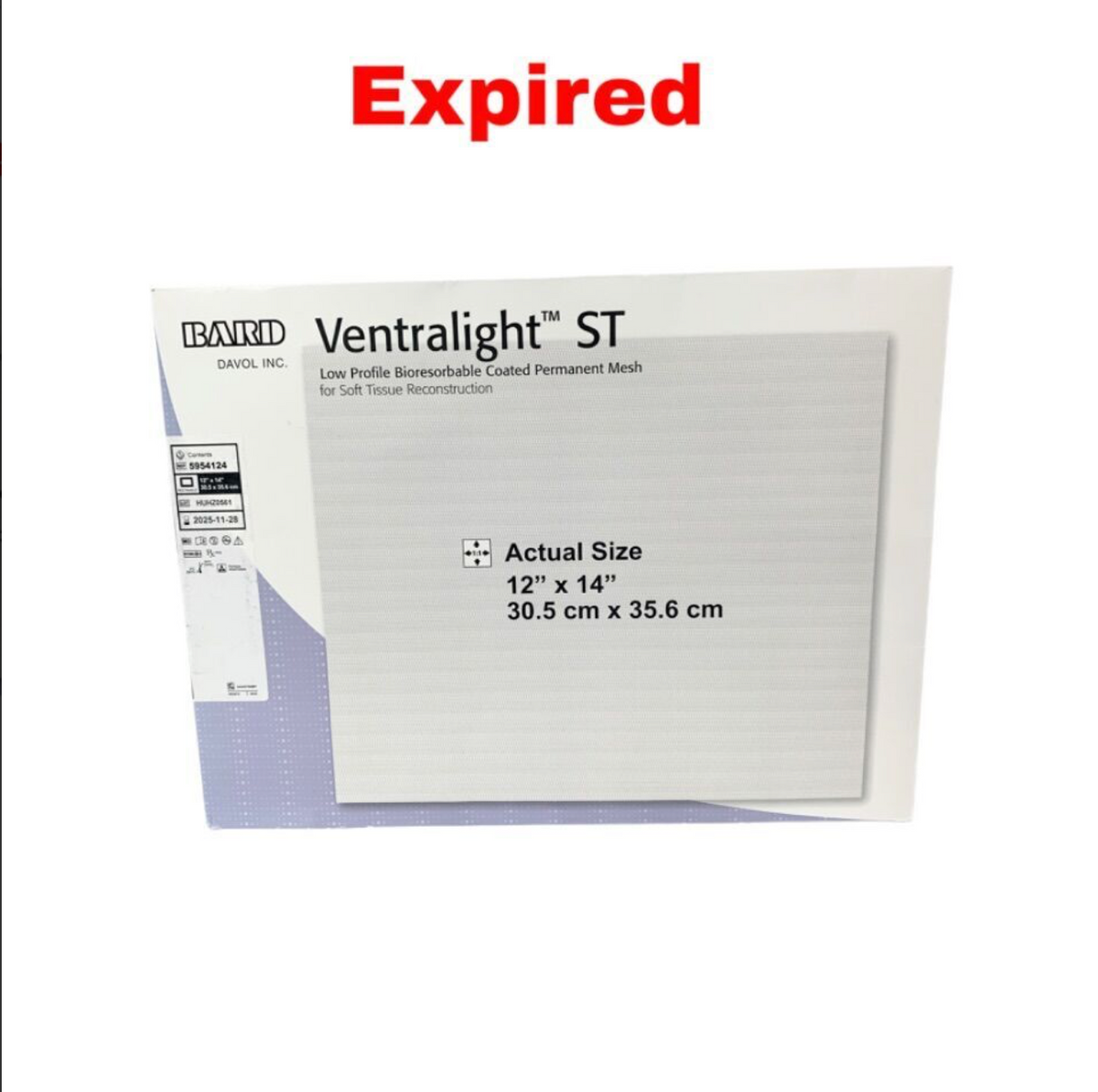 BARD 5954124 Ventralight ST Low Profile Bioresorbable Coated Surgical Mesh 12” x 14” Exp 2025 11