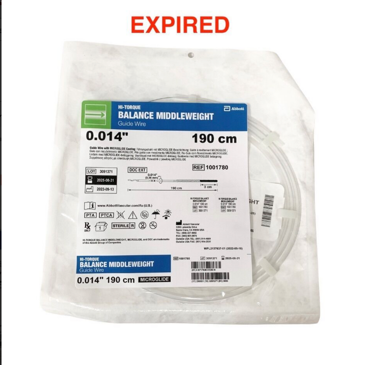 ABBOTT 1001780 HI-TORQUE BALANCE MIDDLEWEIGHT Guide Wire 190 CM EXP 2025 08