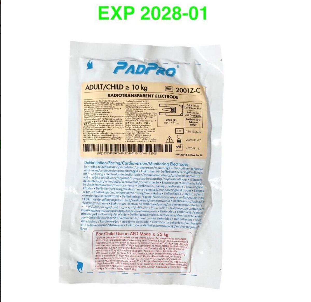 PADPRO 2001Z-C Radiotransparent Electrodes for Zoll Defibrillator EXP 2028 01