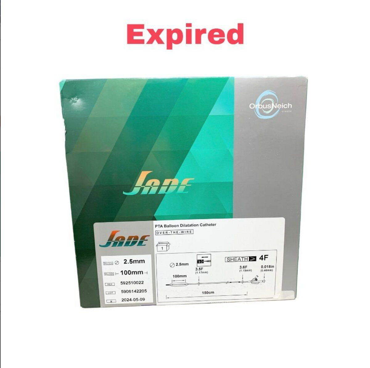 JADE 592510022 PTA Balloon Dilatation Catheter 2.5mm x 100mm OTW 4F 150cm Exp 2024 05