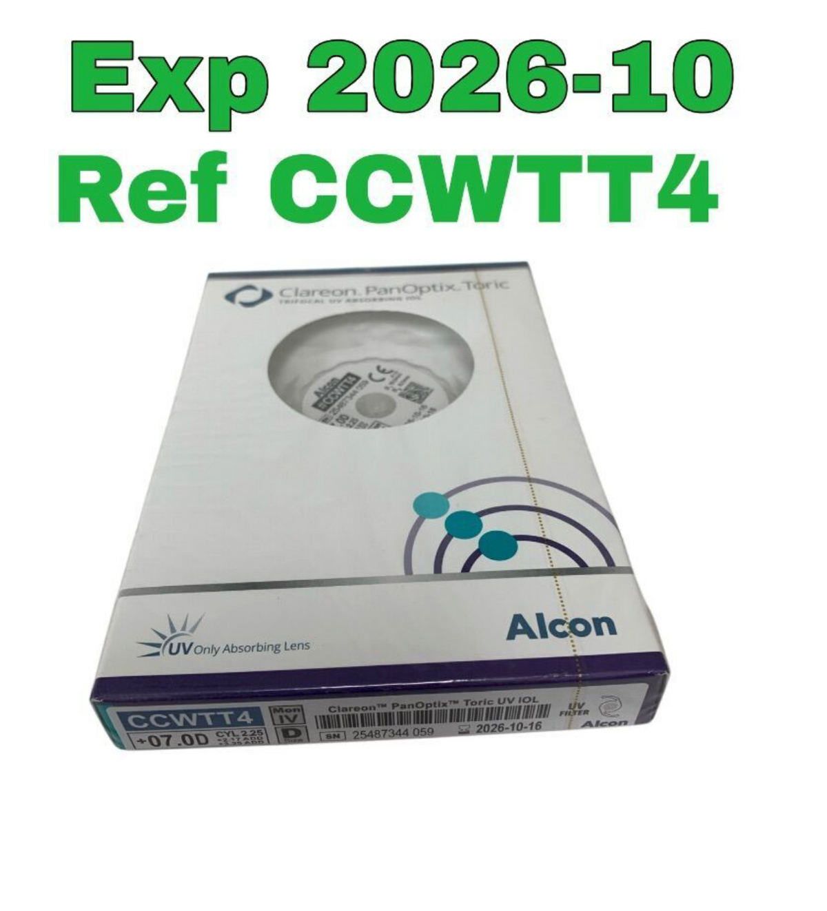 ALCON CCWTT4 Clareon PanOptix Toric Trifocal UV Absorbing IOL +07.0D CYL 2.25 Exp 2026 10