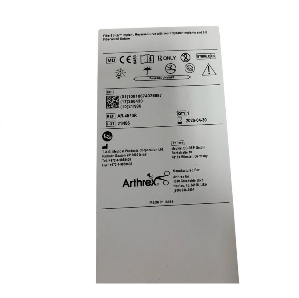 ARTHREX AR-4570R FiberStitch Implant Reverse Curve with two Polyester Implants and 2-0 FiberWire Suture Polyester UHMWPE Exp 2026 04
