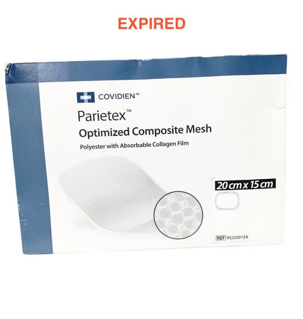COVIDIEN PCO2015X PARIETEX OPTIMIZED COMPOSITE HERNIA MESH 20CM X 15CM POLYESTER WITH ABSORBABLE COLLAGEN FILM EXP 2026 02