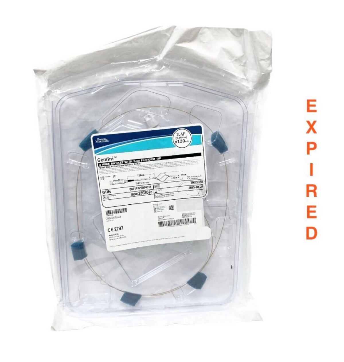 BOSTON SCIENTIFIC M0063303070 Gemini 3 Wire Basket 2.4F x 120cm 5cm Filiform Tip Stone Retrieval Basket Sterile EO EXP 2025 08