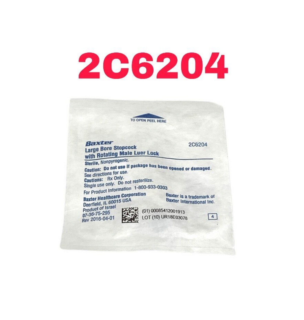 BAXTER 2C6204 Large Bore Stopcock with Rotating Male Luer Lock