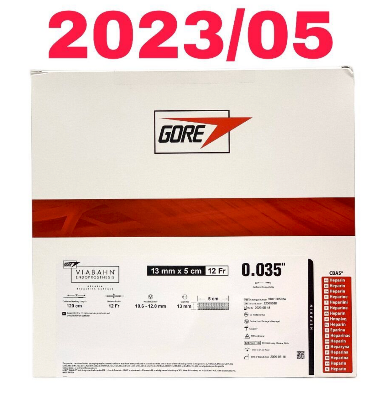 GORE VBH130502A VIABAHN ENDOPROSTHESIS HEPARIN BIOACTIVE SURFACE EXP 2023 05