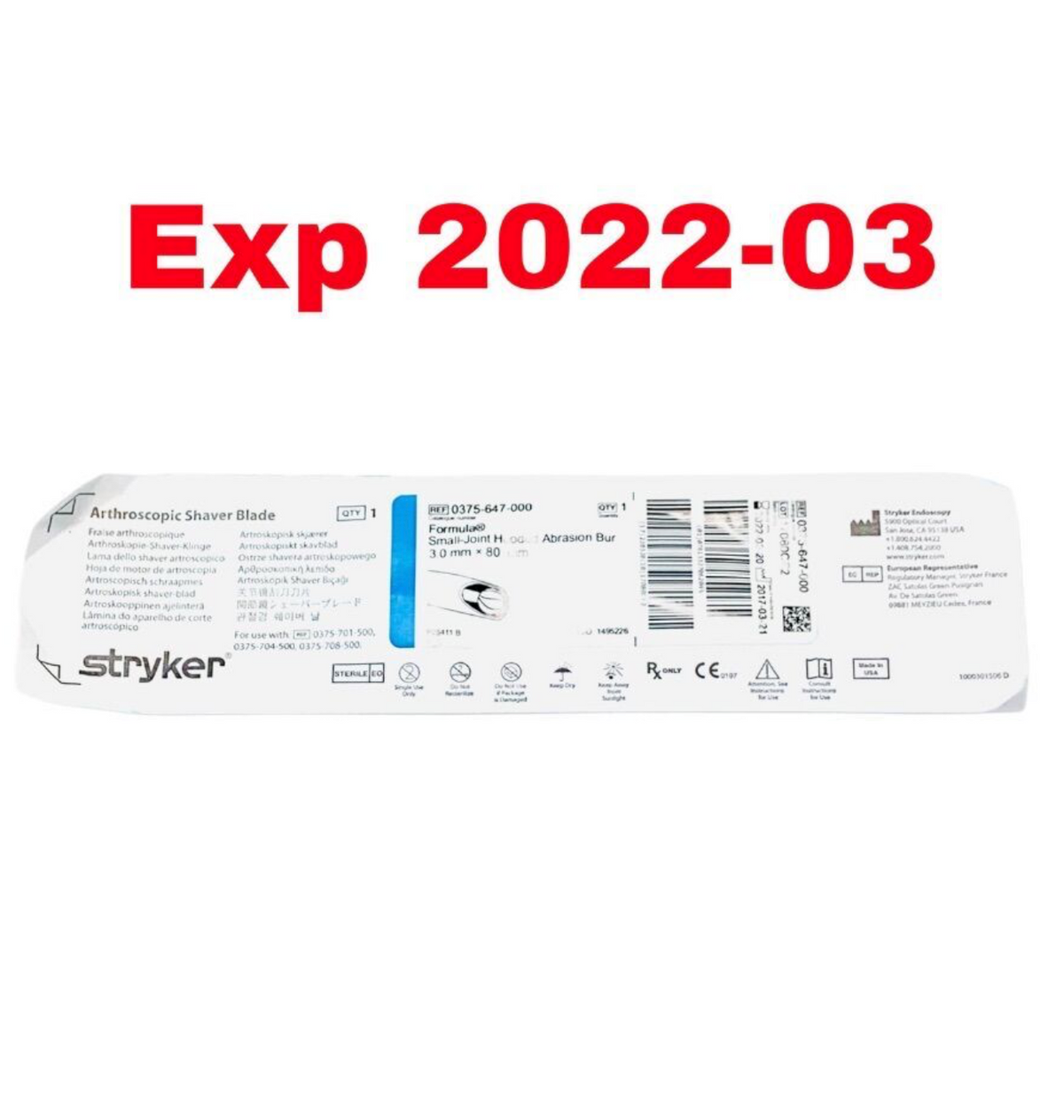STRYKER 0375-647-000 Formula Small-Joint Hooded Abrasion Bur 3.0 mm x 80 mm EXP 2022 03