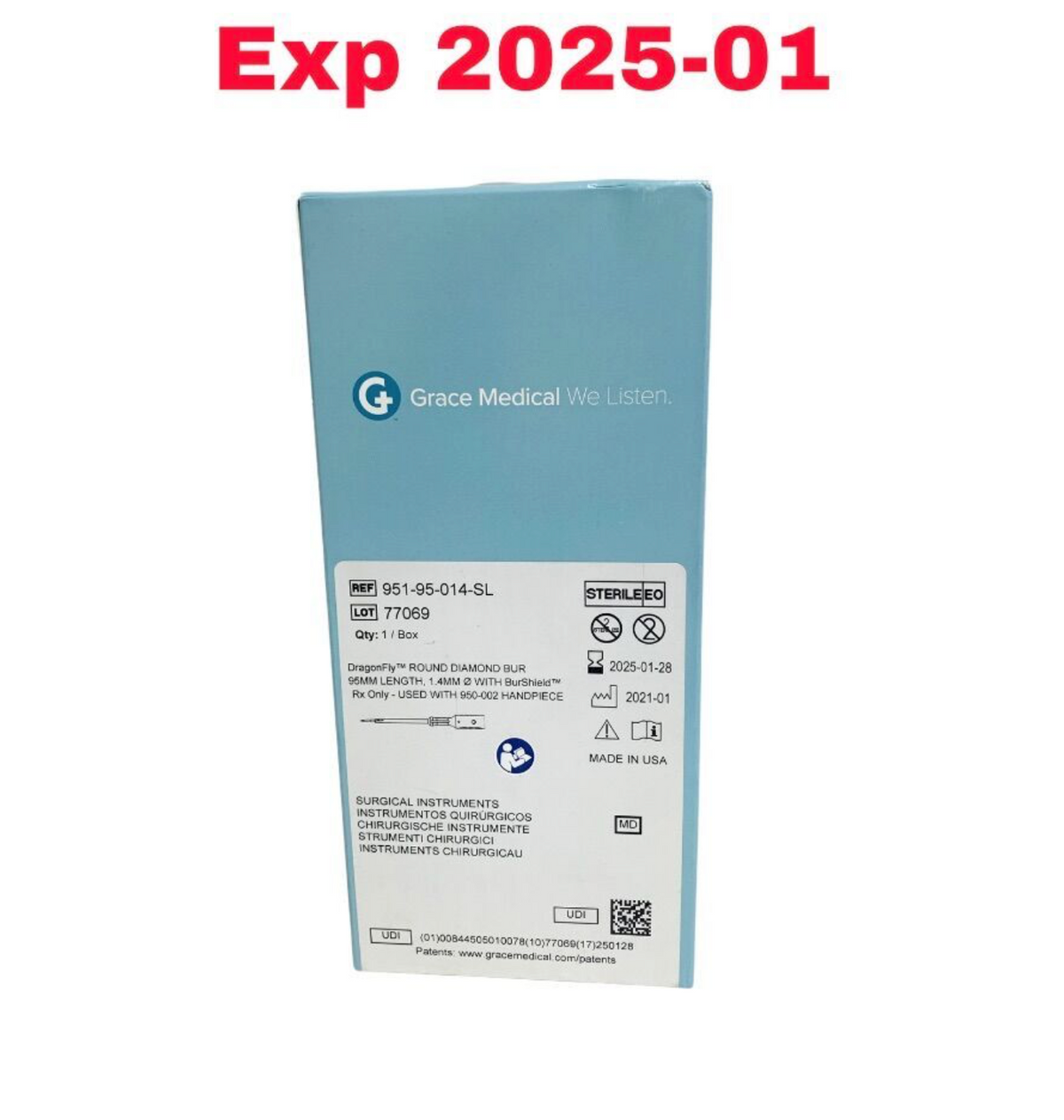 GRACE MEDICAL 951-95-014-SL DragonFly ROUND DIAMOND BUR 95MM LENGTH 1.4MM WITH BurShield EXPIRED 2025 01