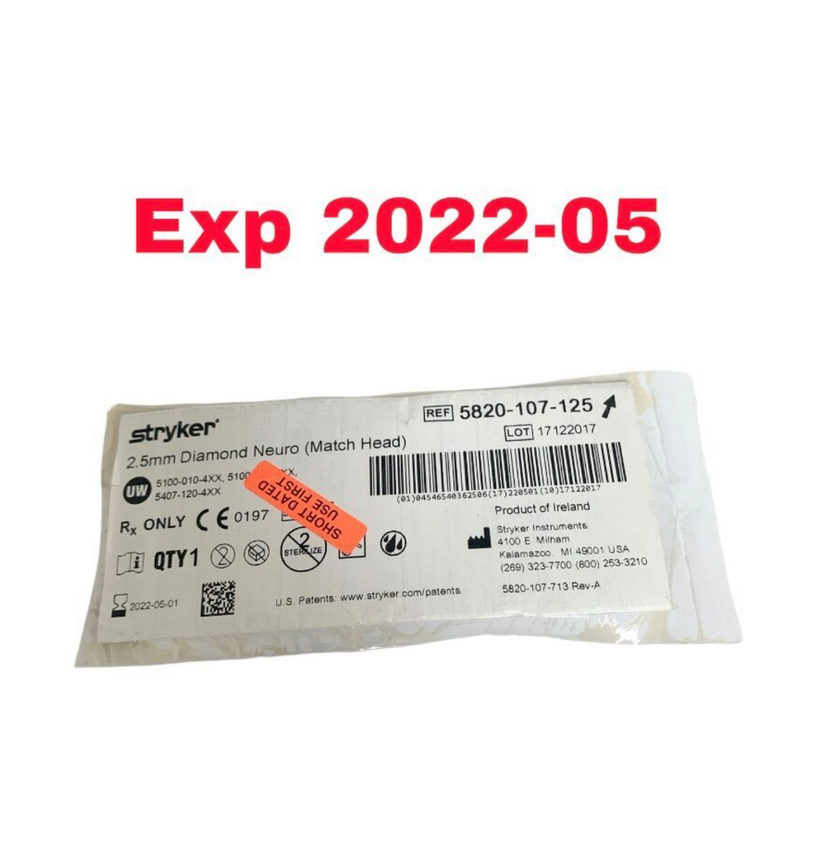 STRYKER 5820-107-125 2.5mm Diamond Neuro Match Head  EXPIRED 2022 05