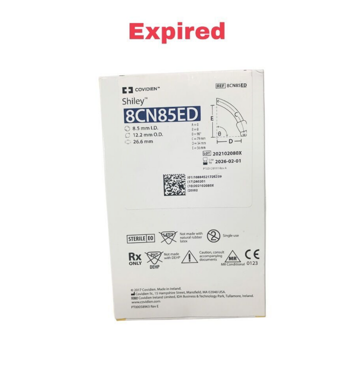 COVIDIEN 8CN85ED Shiley 8.5mm ID Cuffed Tracheostomy Tube 90° Adult Sterile Exp 2026 02